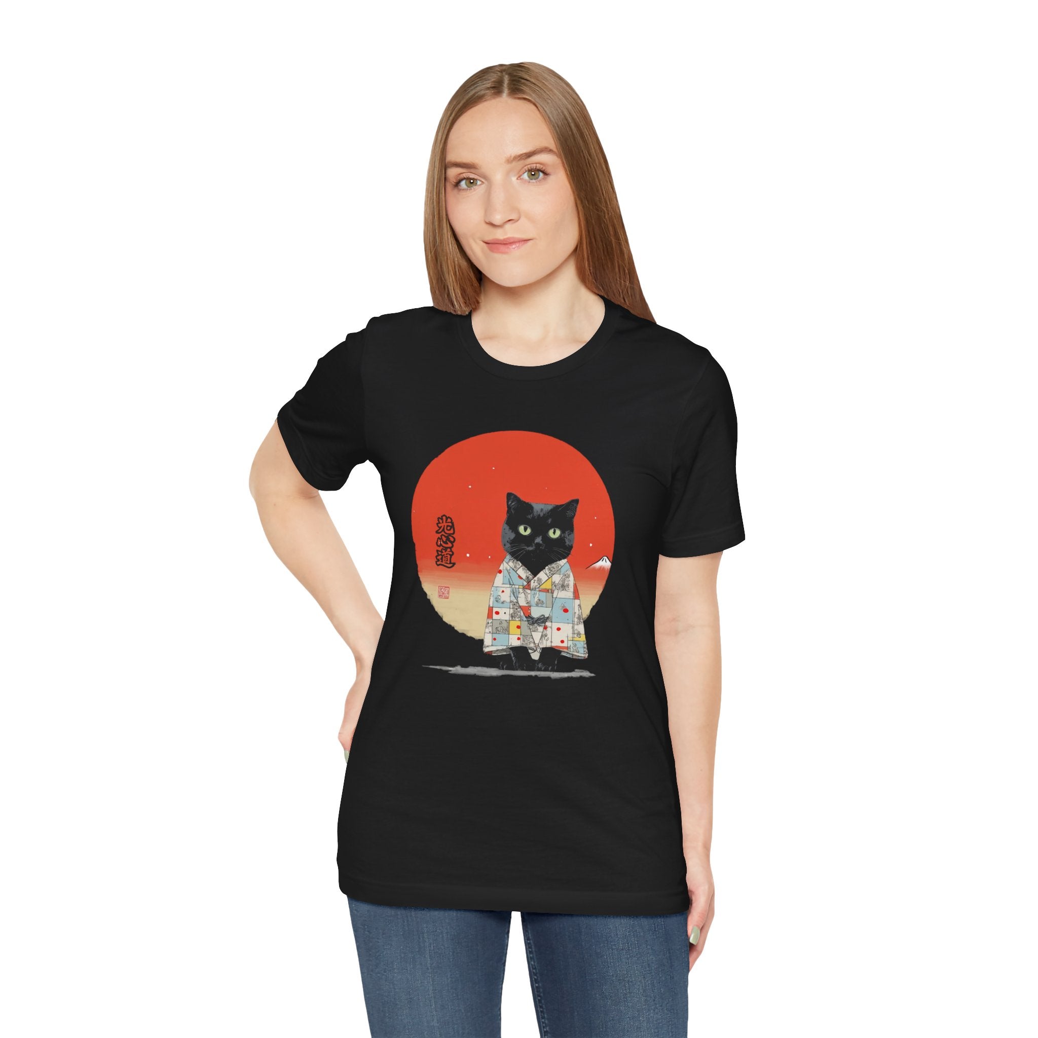 Black Cat Kimono Tee Shirt, Cute Cat Shirt, Unisex T-Shirt, Animal Lovers Gift, Japanese Style Clothing, Unique Cat Fashion