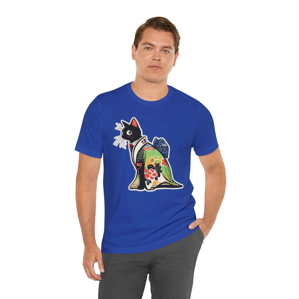 Cat Kimono T‑Shirt — Japanese Floral Black Cat Graphic Tee