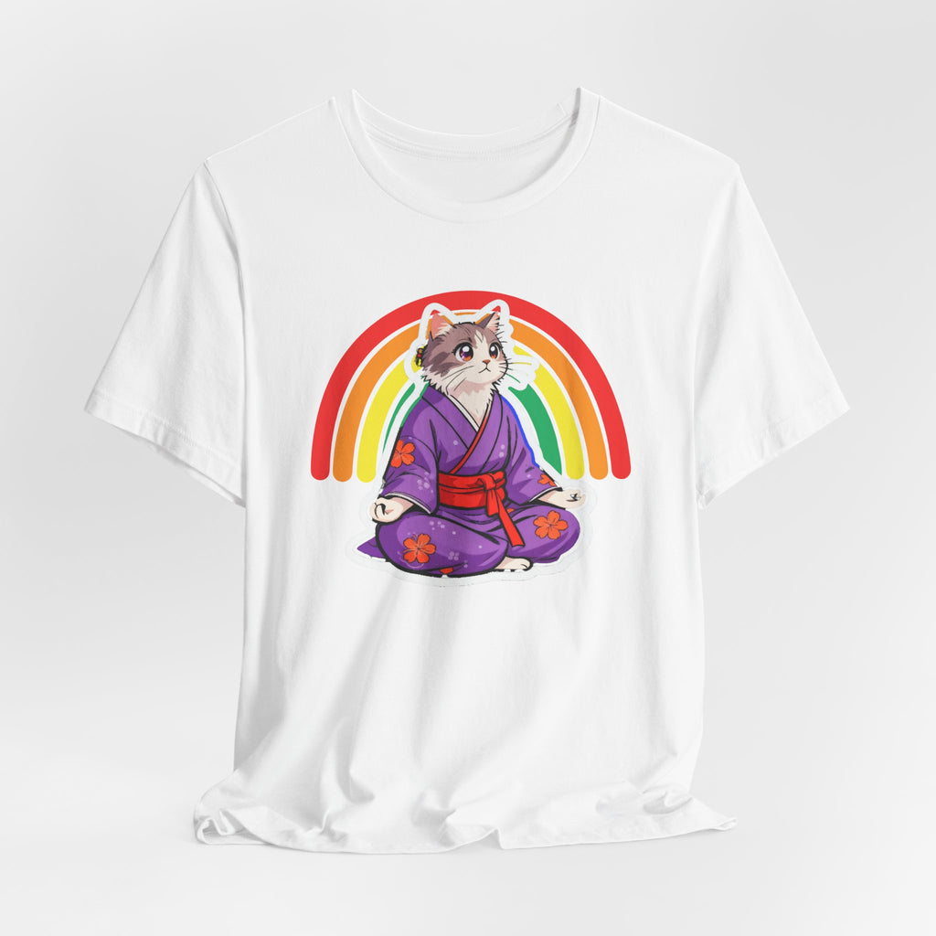 Rainbow Zen Cat Tee | Japanese Meditation Neko Kimono Shirt - Kimono Cats Collection