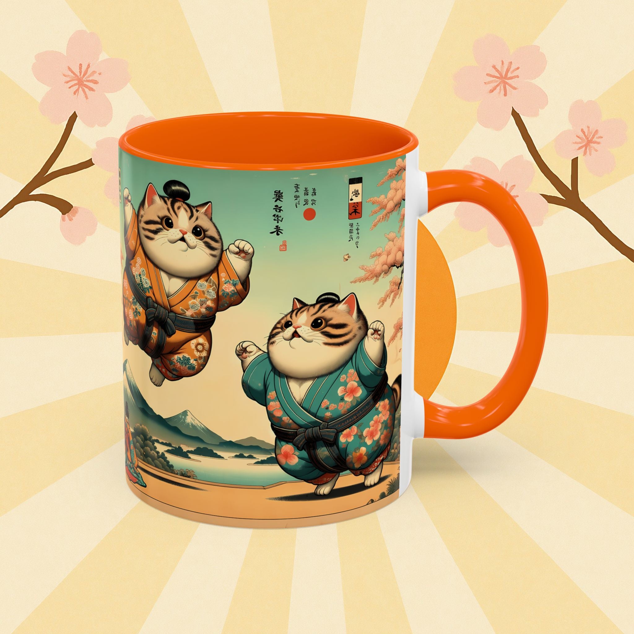 Sumo Cats Mug with Japanese Cherry Blossoms Design - Kimono Cats Collection