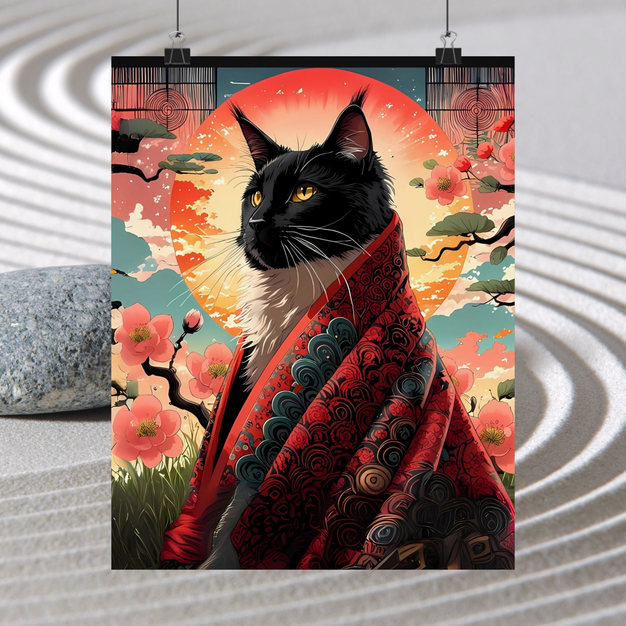 Regal Black Cat in Kimono – Red Sun Wall Art 🐾🌸