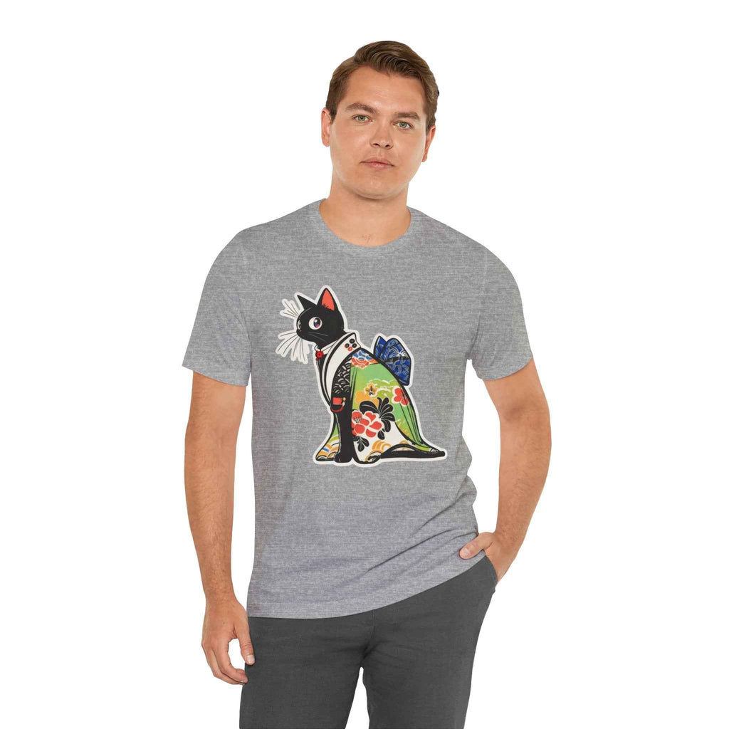 Cat Kimono T‑Shirt — Japanese Floral Black Cat Graphic Tee