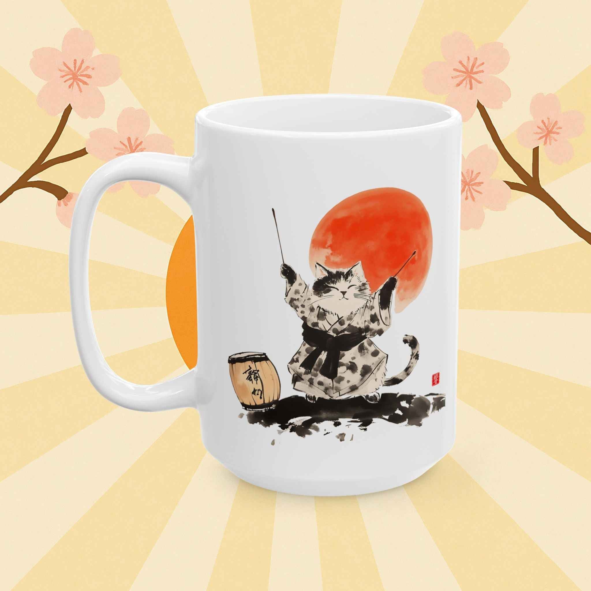 Japanese Sumi-e Taiko Cat & Red Sun Coffee Mug (11oz/15oz)