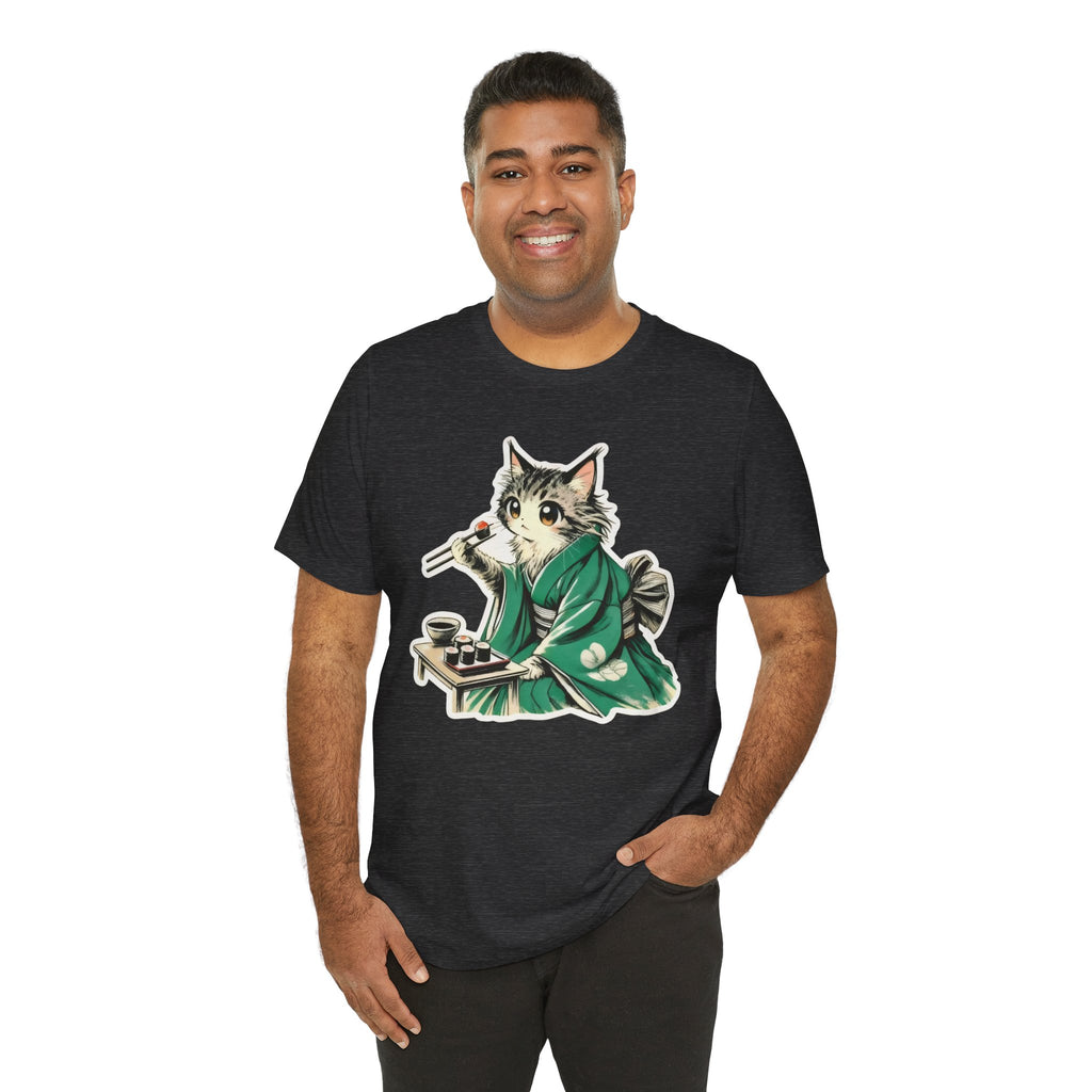 Kat Wearing Kimono T-Shirt - Cute Japanese Cat Illustration Enjoying Sushi - Kimono Cats Collection