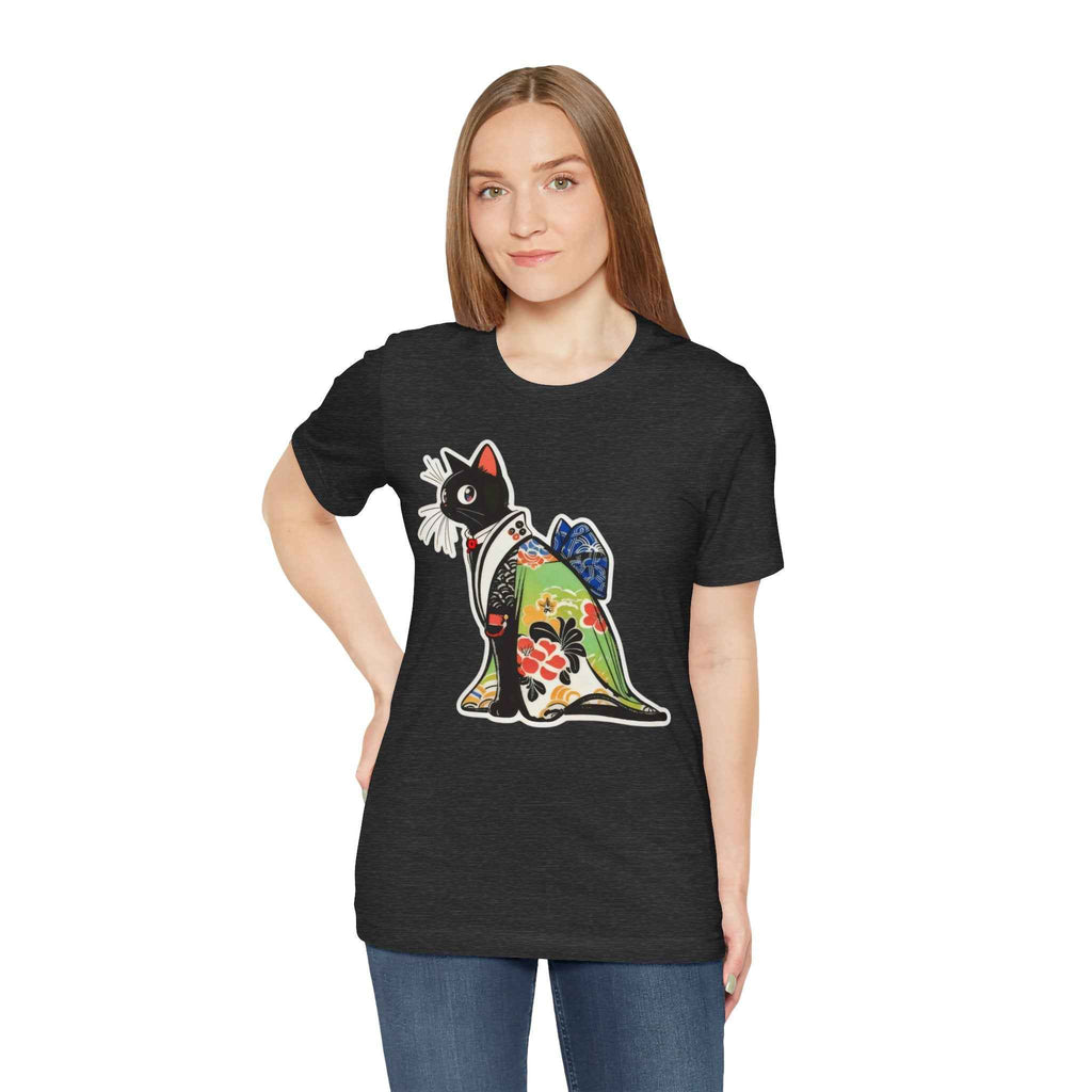 Cat Kimono T‑Shirt — Japanese Floral Black Cat Graphic Tee