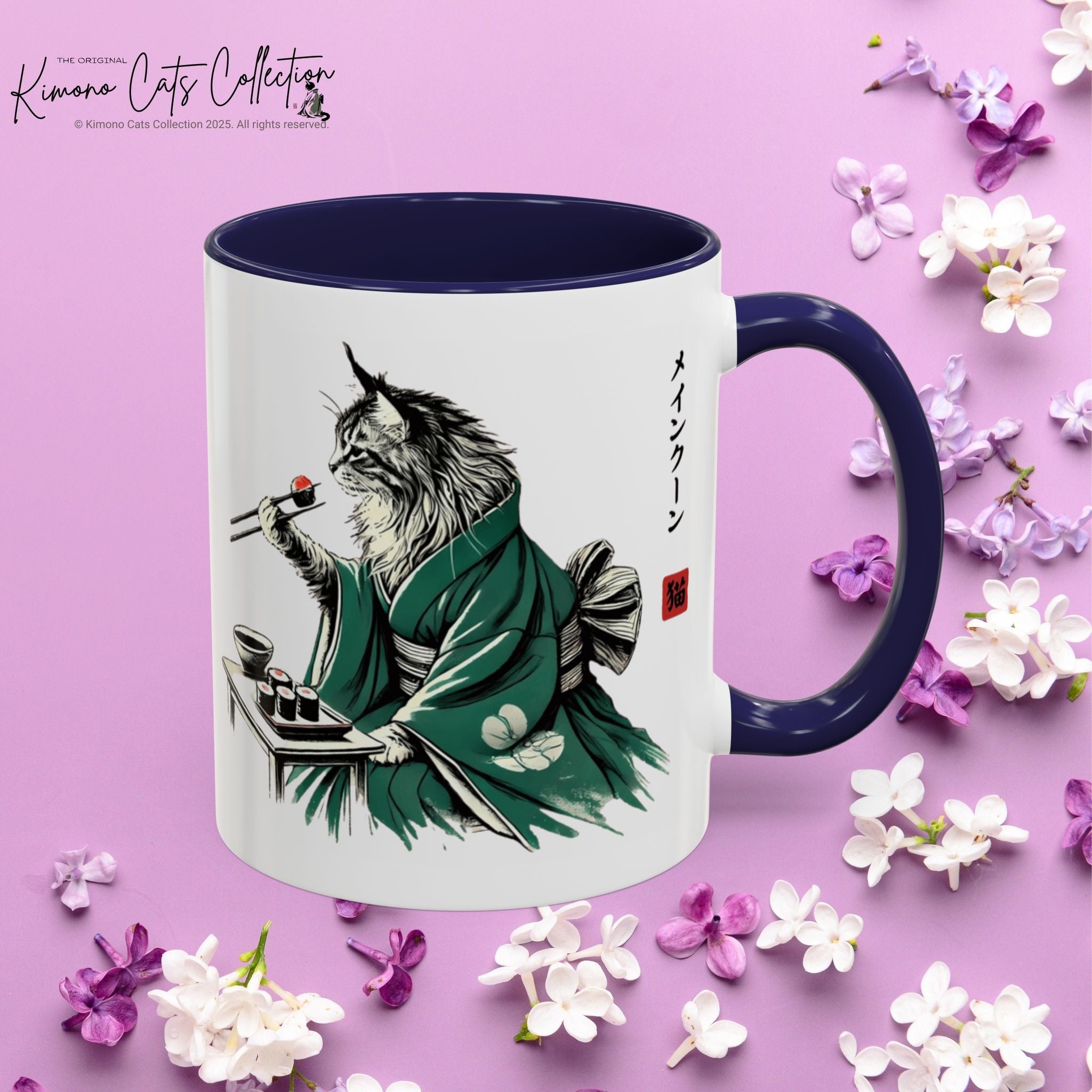 Kimono Cat Coffee Mug, Maine Coon Eating Sushi