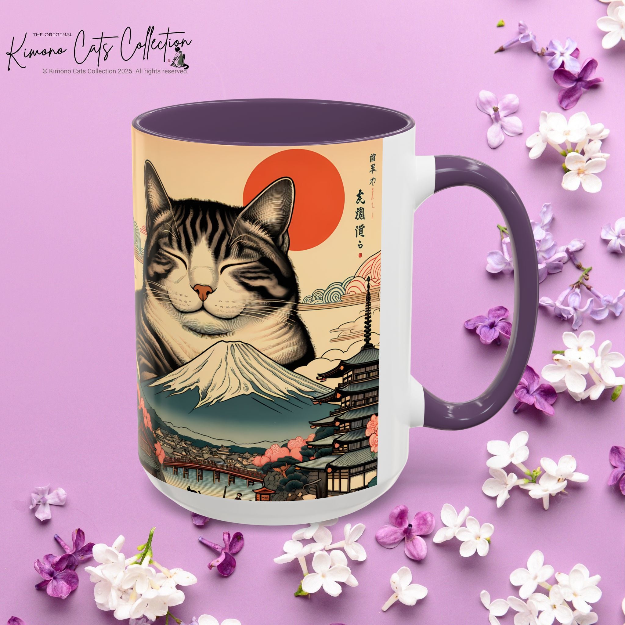 Japanese Fuji Cat Mug - Ukiyo-e Style Gift for Cat Lovers, Pet Mom Coffee Cup, Sleepy Neko Art Design