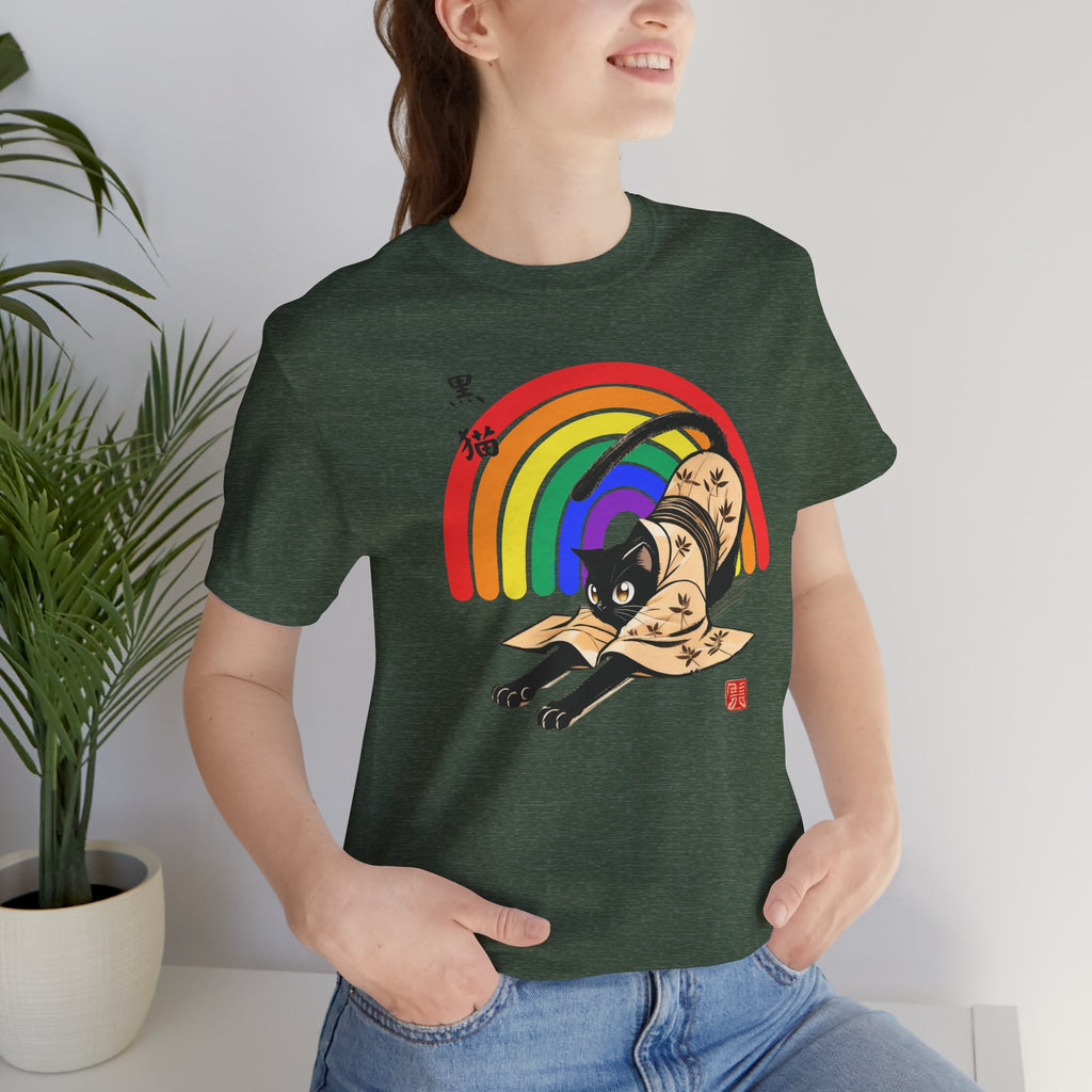 Rainbow Kuro Neko T-Shirt | Yoga Cat Shirt in Black Cat Kimono Design - Kimono Cats Collection