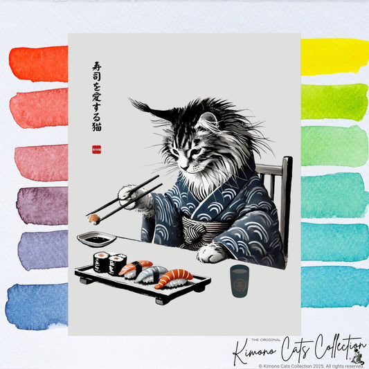 Kunstdruck „Sushi-Katze“ – japanische Sumi-e-Maine-Coon-Wanddekoration