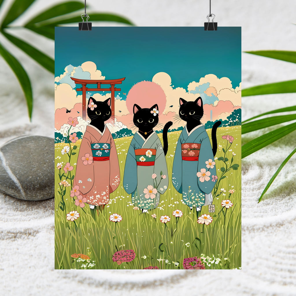 Three Black Cats in Kimonos – Wall Art 🐾🌸