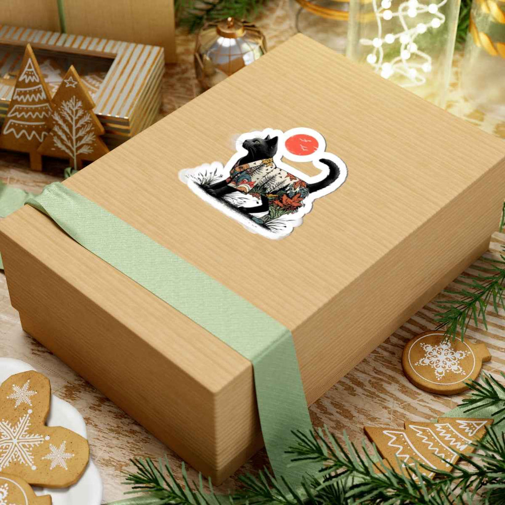 Black Cat with Autumn Forest Illustration Kiss-Cut Sticker | Fall Nature