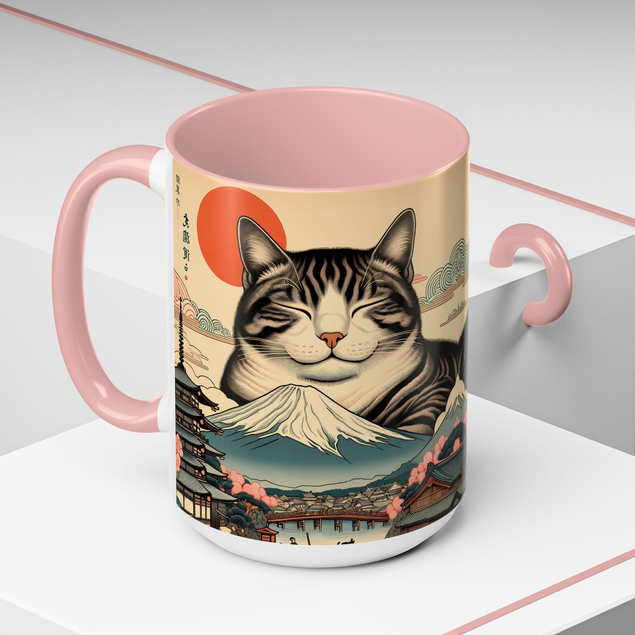 Japanese Fuji Cat Mug - Ukiyo-e Style Gift for Cat Lovers, Pet Mom Coffee Cup, Sleepy Neko Art Design