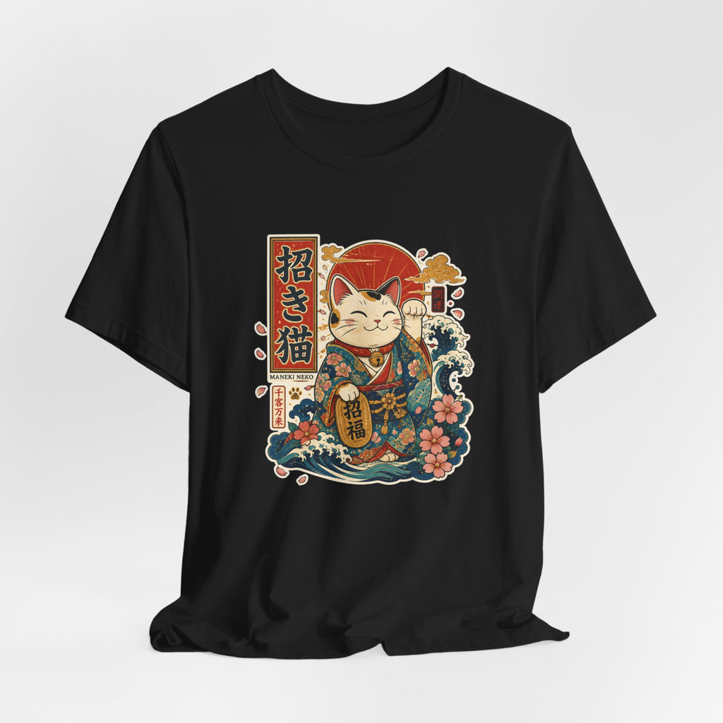 Maneki Neko Lucky Cat T-Shirt — Japanese Wave & Floral Good Fortune Tee