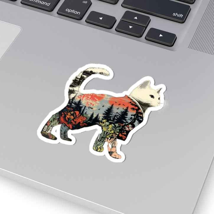 Cat Silhouette Sticker | Scenic Forest Sunset Kiss-Cut Sticker