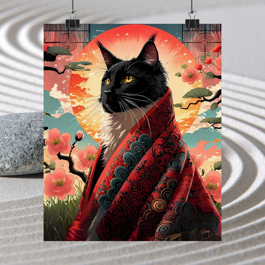 Königliche schwarze Katze im Kimono – Rote Sonne Wandkunst 🐾🌸