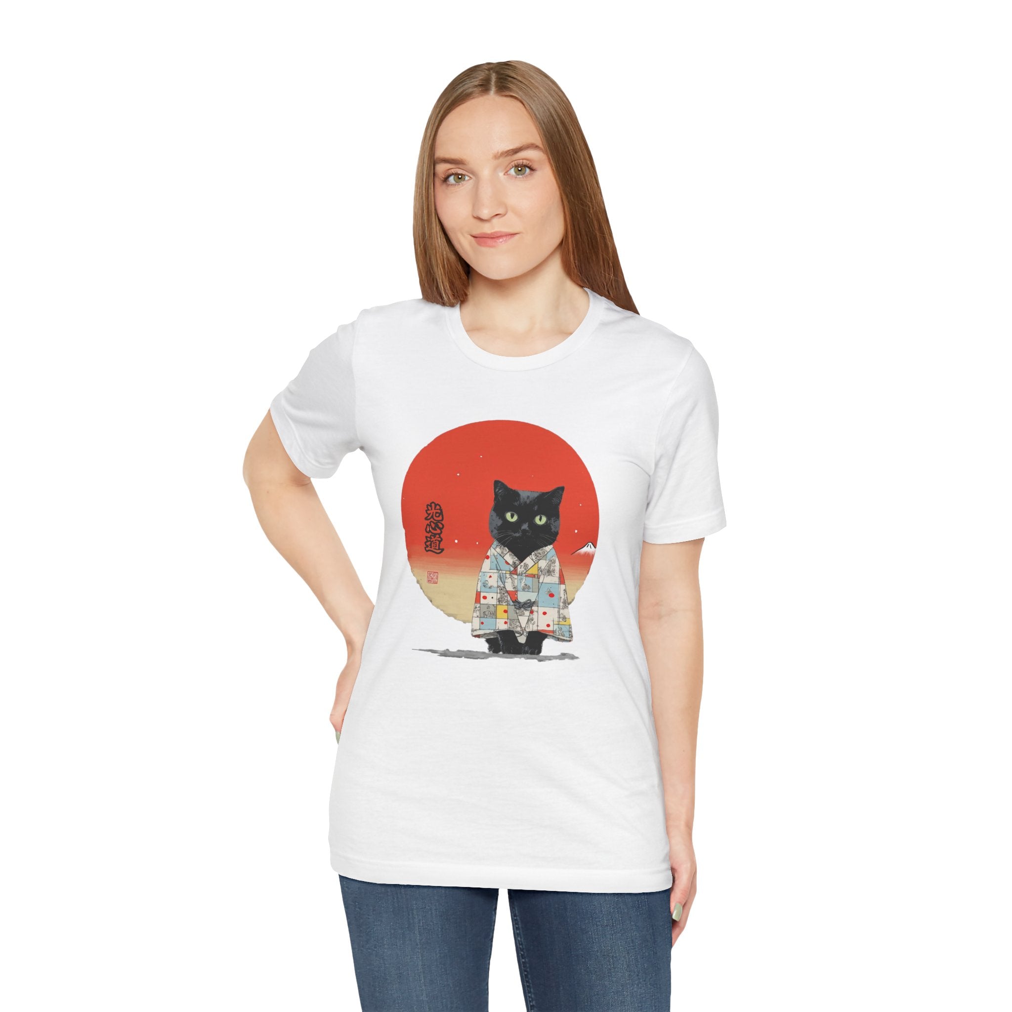 Black Cat Kimono Tee Shirt, Cute Cat Shirt, Unisex T-Shirt, Animal Lovers Gift, Japanese Style Clothing, Unique Cat Fashion
