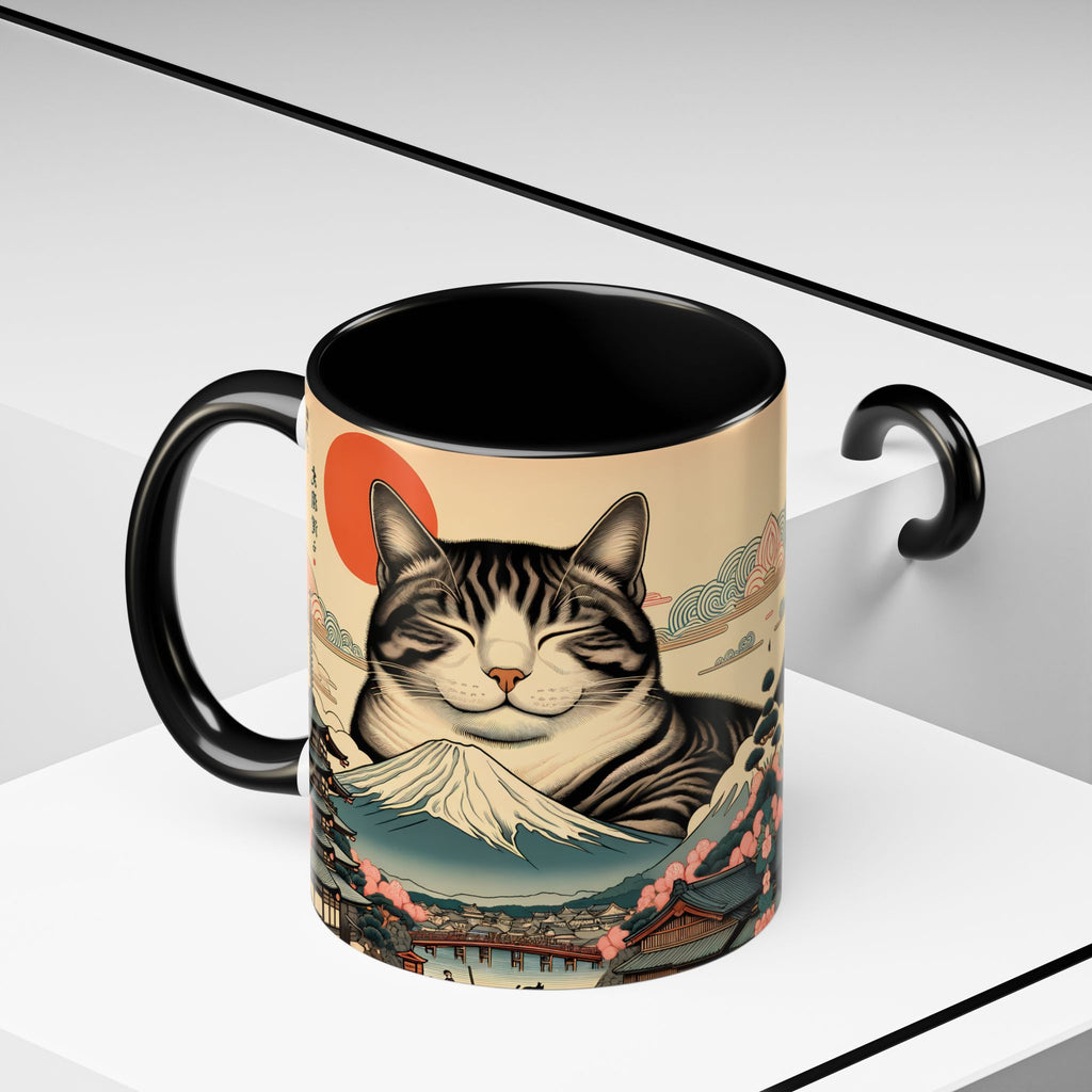 Japanese Fuji Cat Mug - Ukiyo-e Style Gift for Cat Lovers, Pet Mom Coffee Cup, Sleepy Neko Art Design