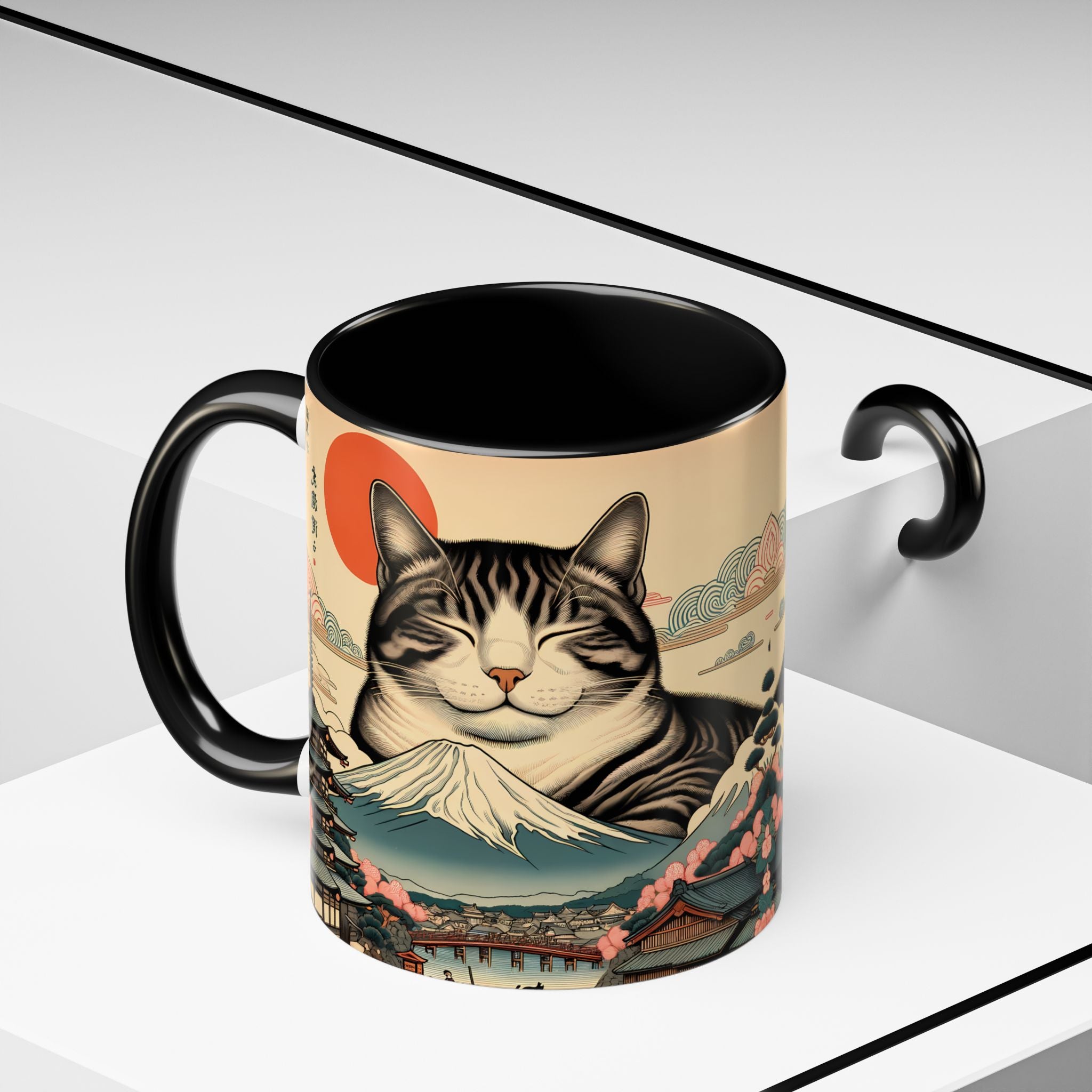 Japanese Fuji Cat Mug - Ukiyo-e Style Gift for Cat Lovers, Pet Mom Coffee Cup, Sleepy Neko Art Design