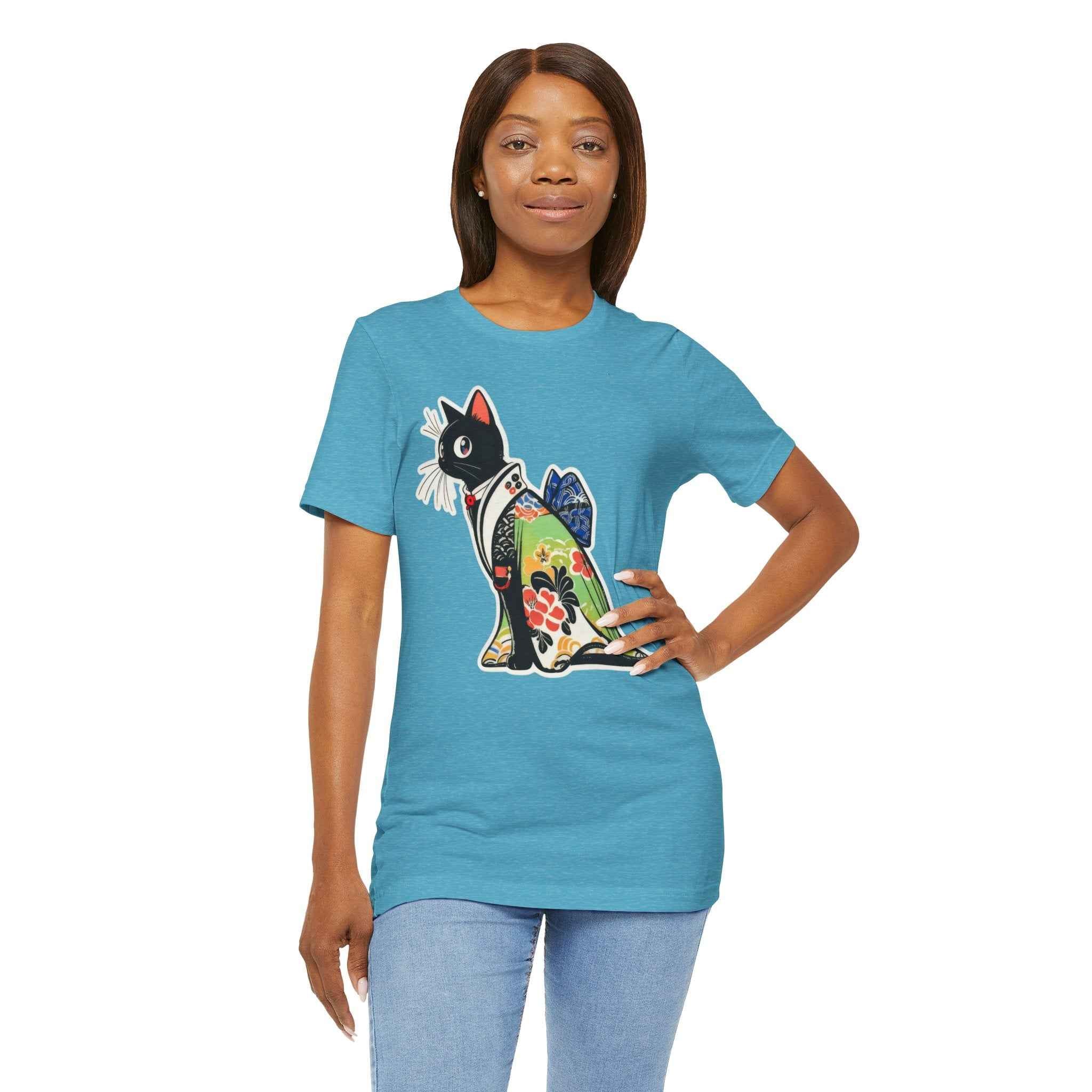 Cat Kimono T‑Shirt — Japanese Floral Black Cat Graphic Tee