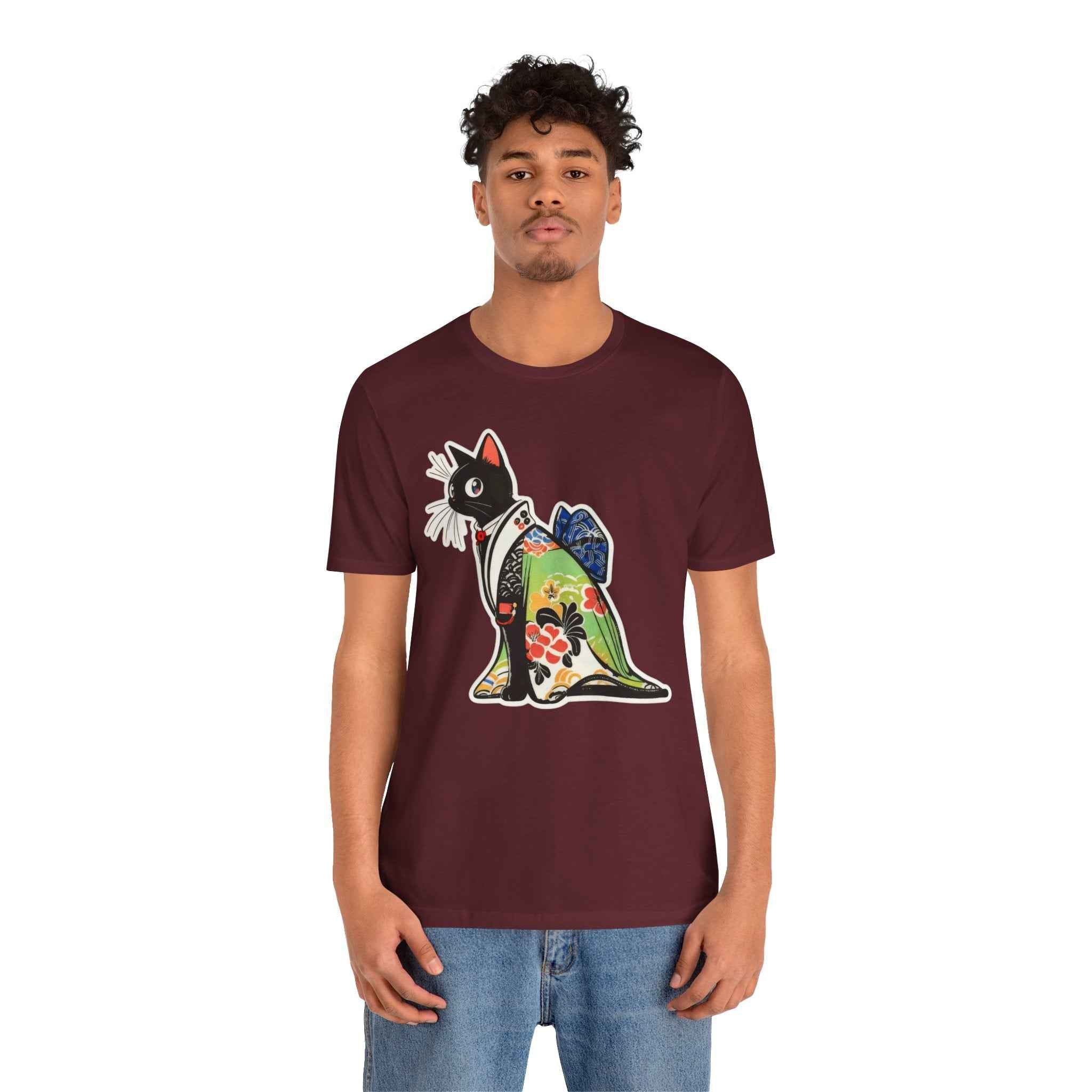 Cat Kimono T‑Shirt — Japanese Floral Black Cat Graphic Tee