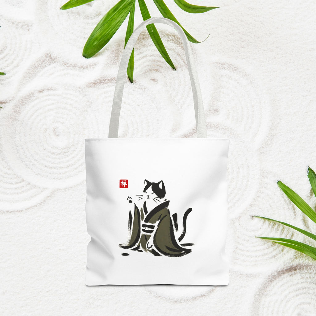 Zen Cat Tote Bag — Japanese Sumi-e Style Cat Illustration