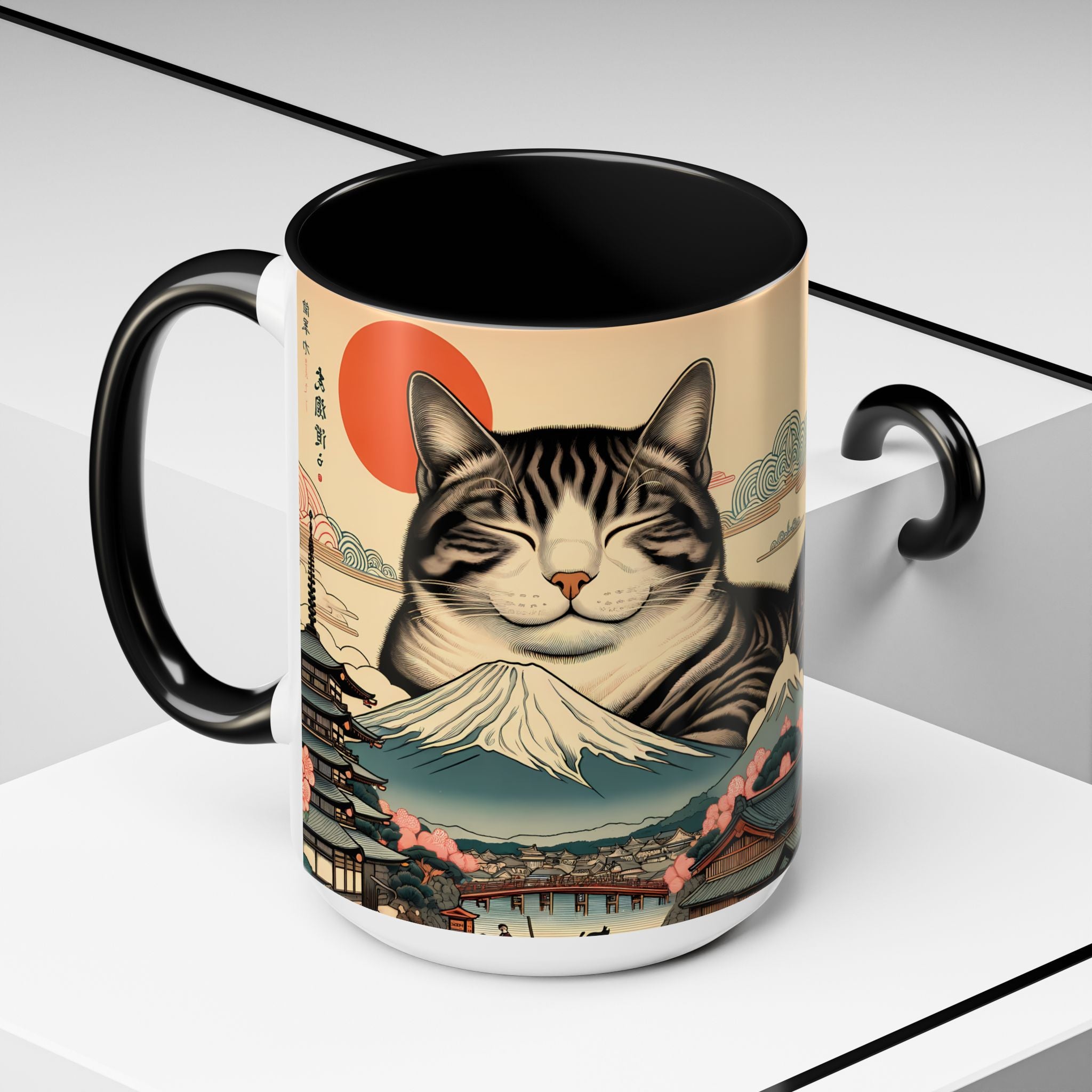 Japanese Fuji Cat Mug - Ukiyo-e Style Gift for Cat Lovers, Pet Mom Coffee Cup, Sleepy Neko Art Design