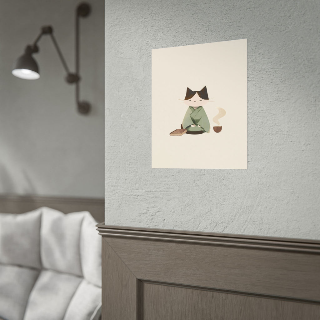 Zen Cat Tea Poster — Minimalist Rolled Art Print