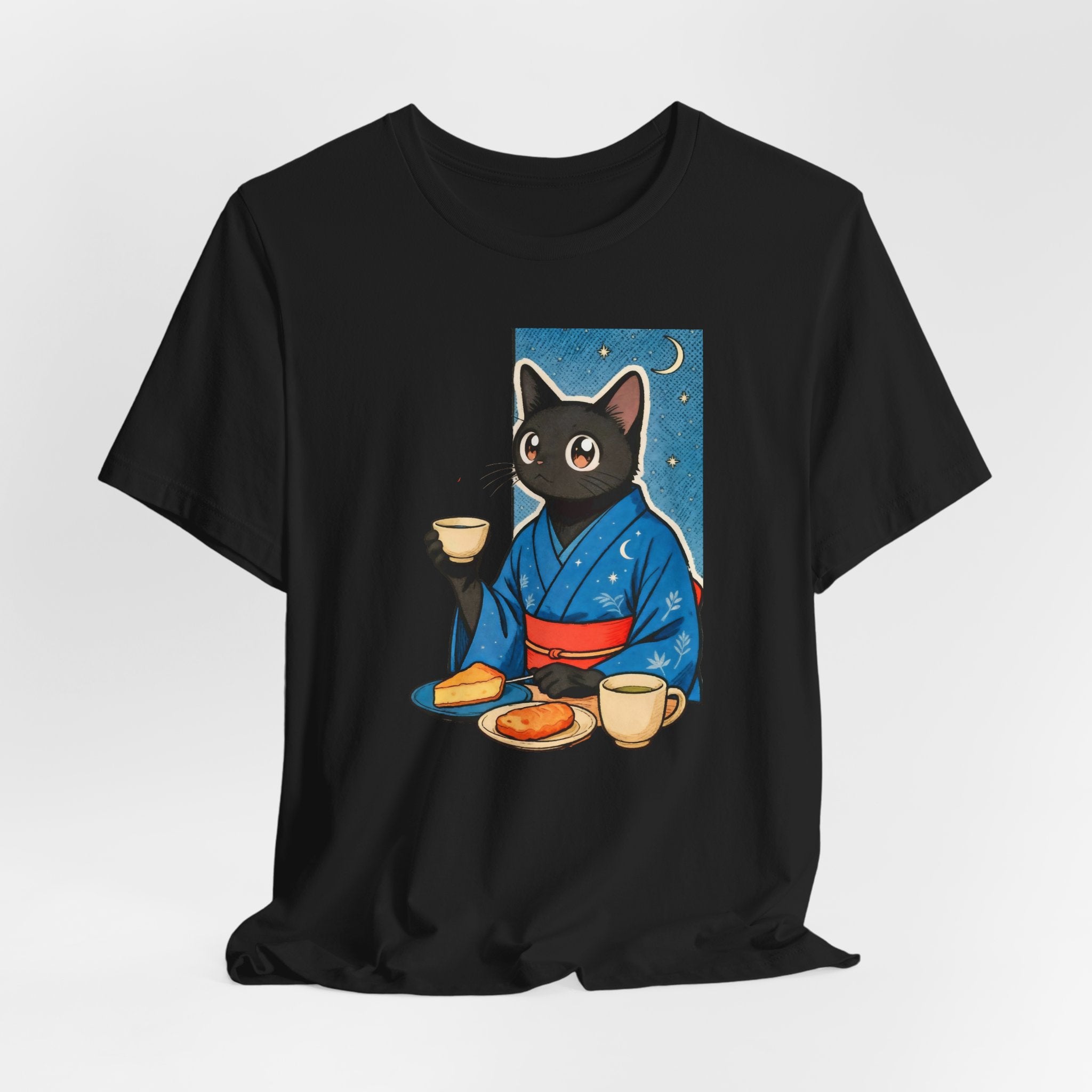 Midnight Tea Cat Shirt - Japanese Kimono Black Cat Tee | Cozy Night Aesthetic