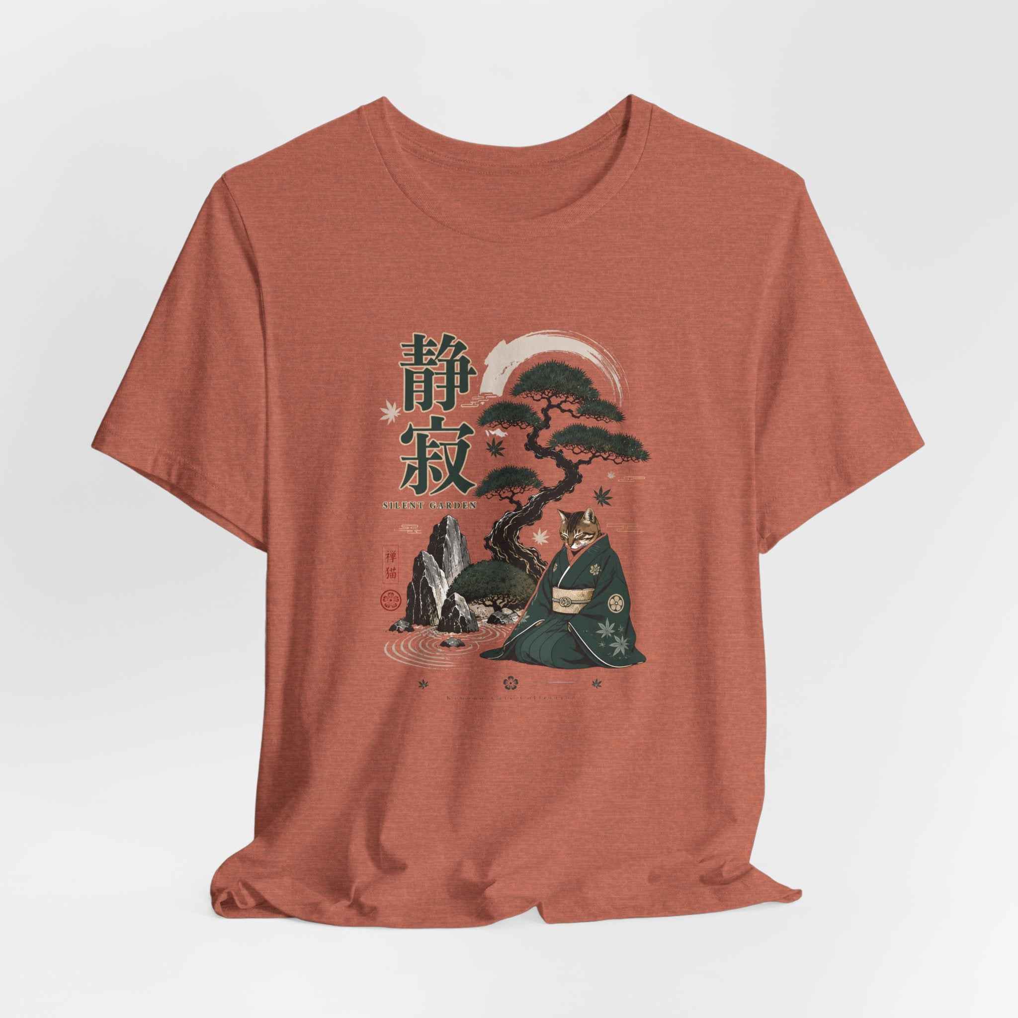 Zen Cat Monk T-Shirt | Japanese Bonsai, Tranquil Kanji Illustration
