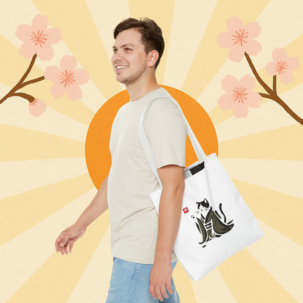Zen Cat Tote Bag — Japanese Sumi-e Style Cat Illustration