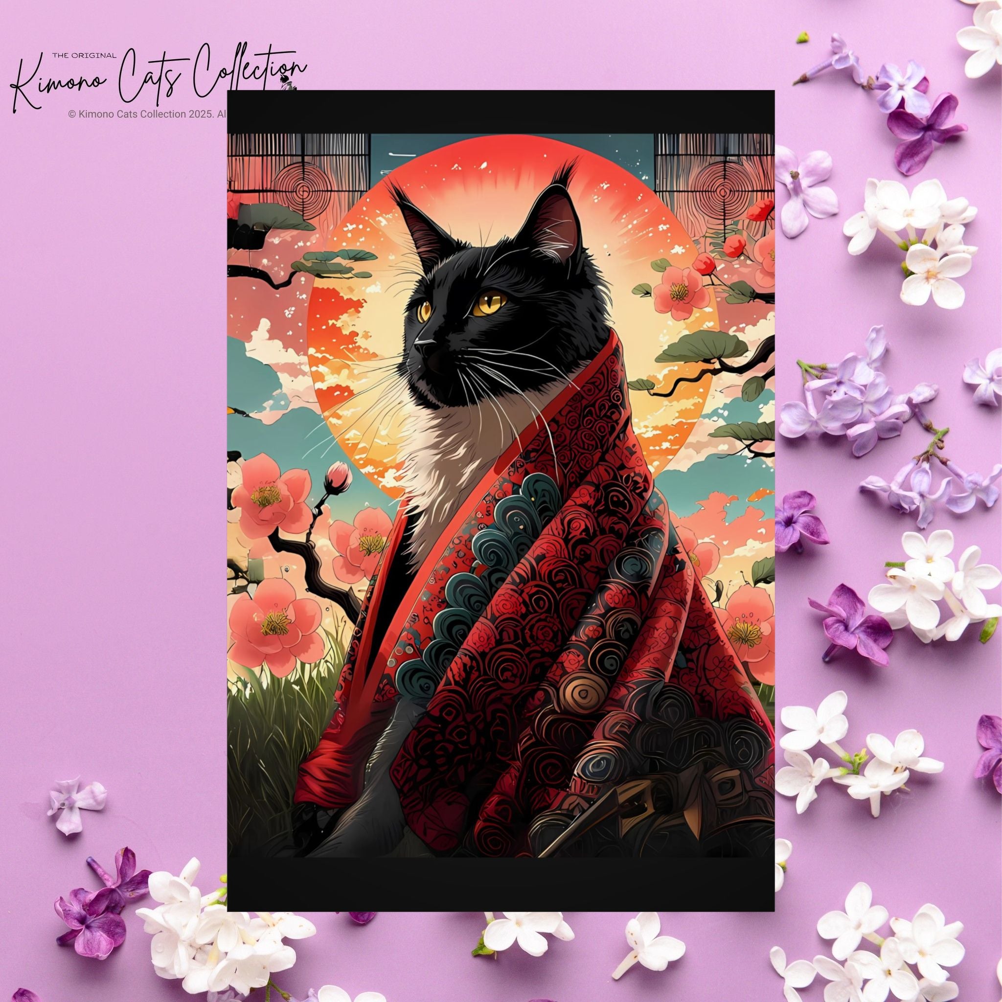 Regal Black Cat in Kimono – Red Sun Wall Art 🐾🌸