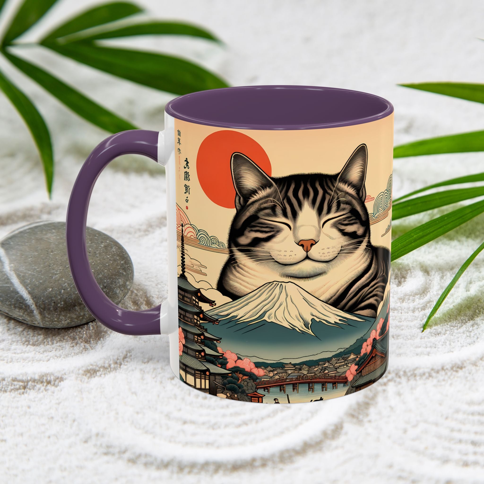 Japanese Fuji Cat Mug - Ukiyo-e Style Gift for Cat Lovers, Pet Mom Coffee Cup, Sleepy Neko Art Design