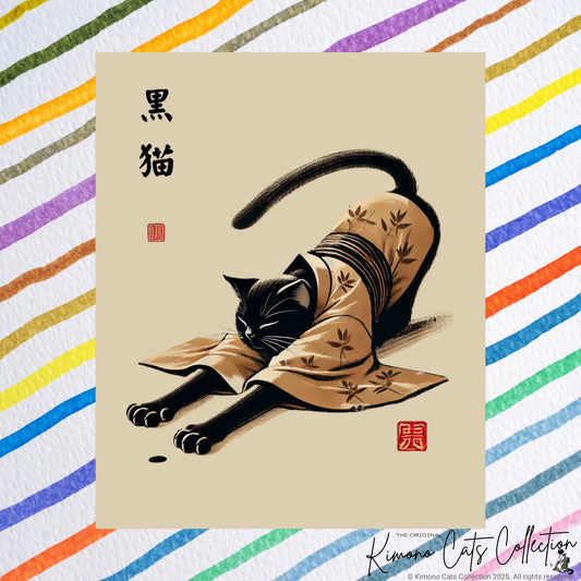 Schwarze Katze im Kimono – Sumi-e Zen-Kunstdruck 🐾🖤