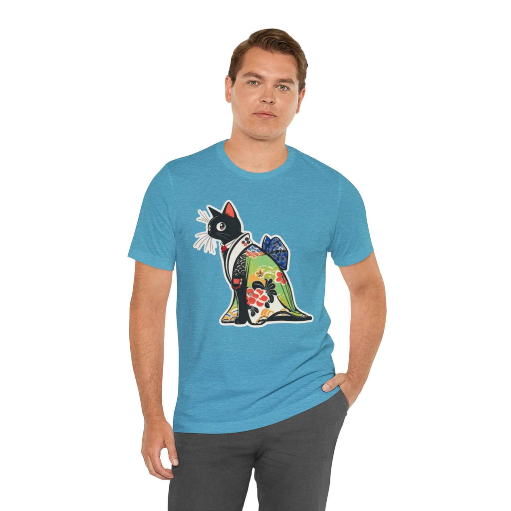 Cat Kimono T‑Shirt — Japanese Floral Black Cat Graphic Tee
