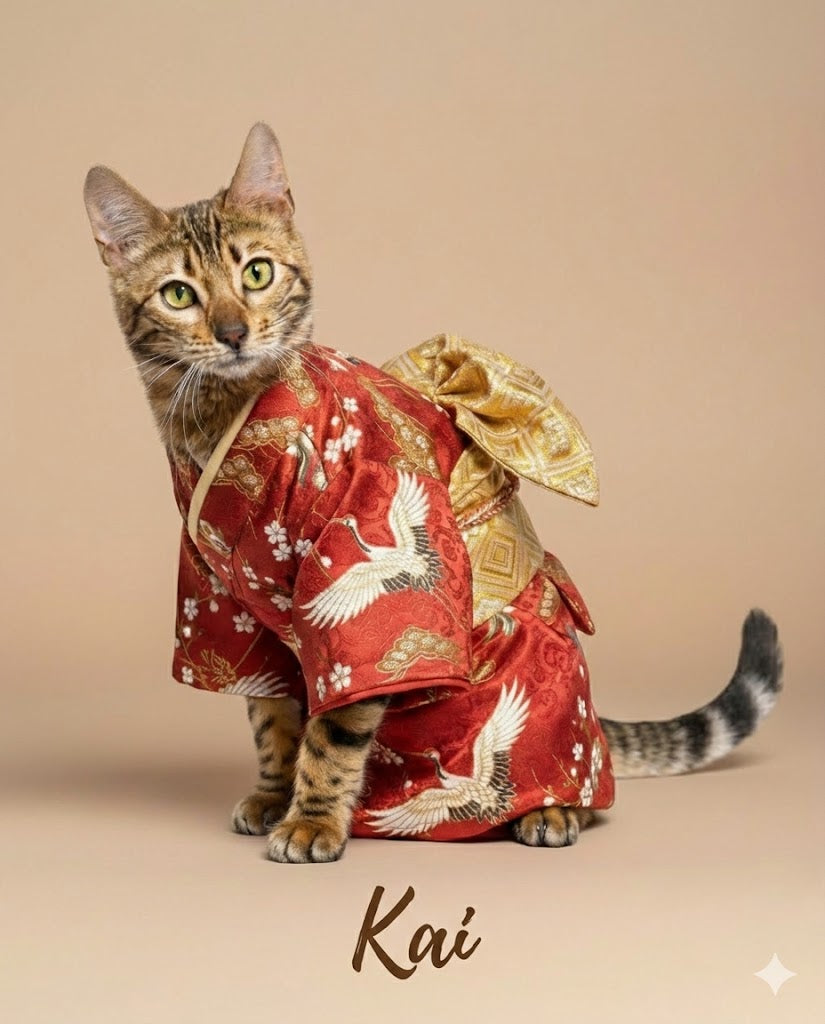 Cat wearing a red kimono with gold accents on a beige background
