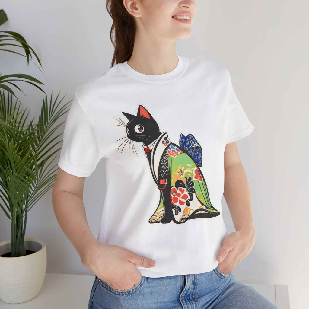 Cat Kimono T‑Shirt — Japanese Floral Black Cat Graphic Tee