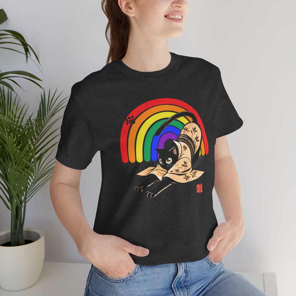 Rainbow Kuro Neko T-Shirt | Yoga Cat Shirt in Black Cat Kimono Design - Kimono Cats Collection
