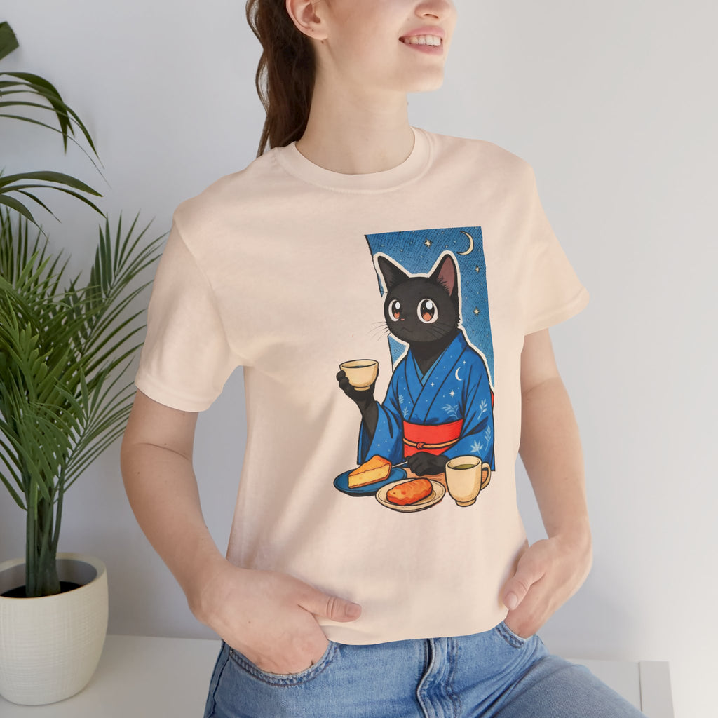 Midnight Tea Cat Shirt - Japanese Kimono Black Cat Tee | Cozy Night Aesthetic