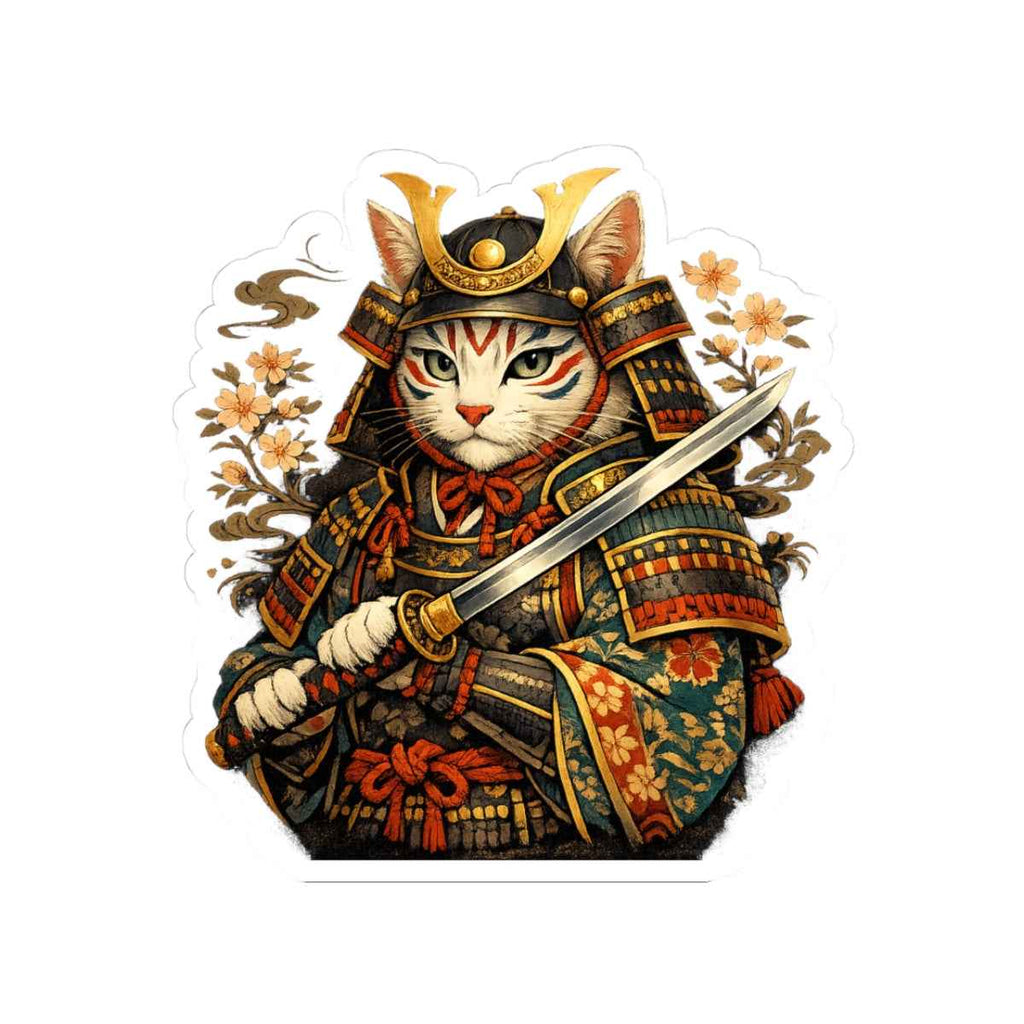 Samurai Cat Kiss-Cut Stickers | Armor, Katana, Floral