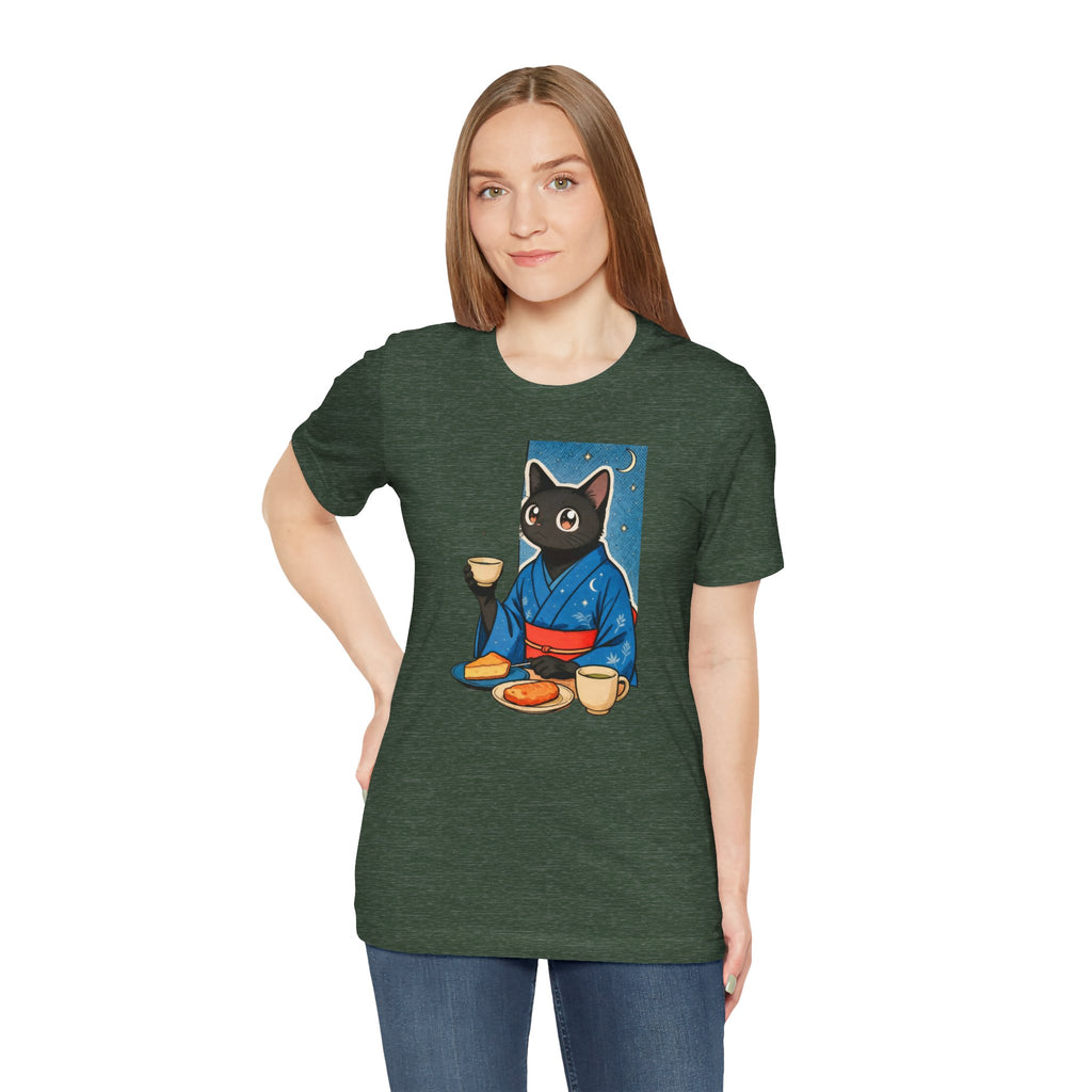 Midnight Tea Cat Shirt - Japanese Kimono Black Cat Tee | Cozy Night Aesthetic