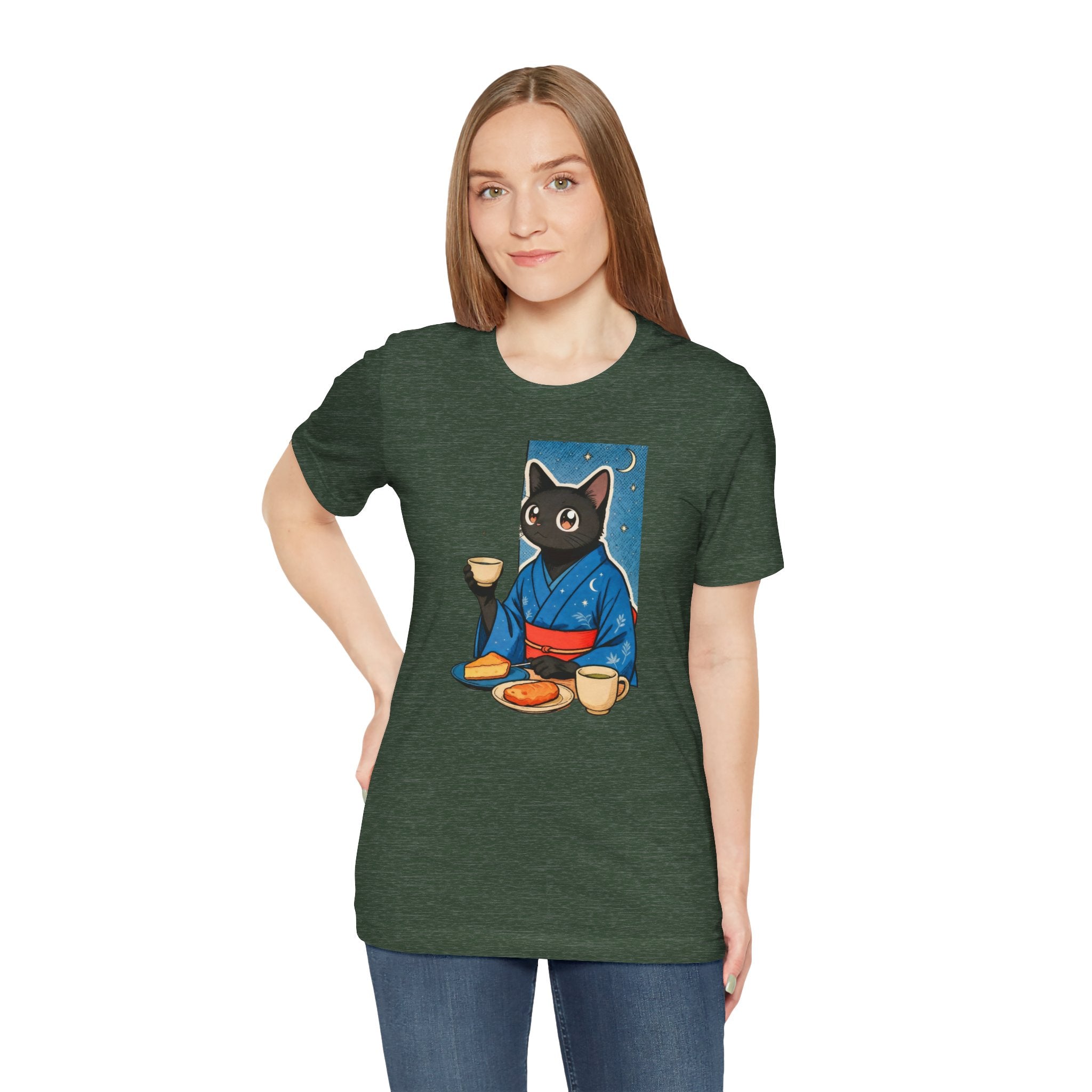 Midnight Tea Cat Shirt - Japanese Kimono Black Cat Tee | Cozy Night Aesthetic
