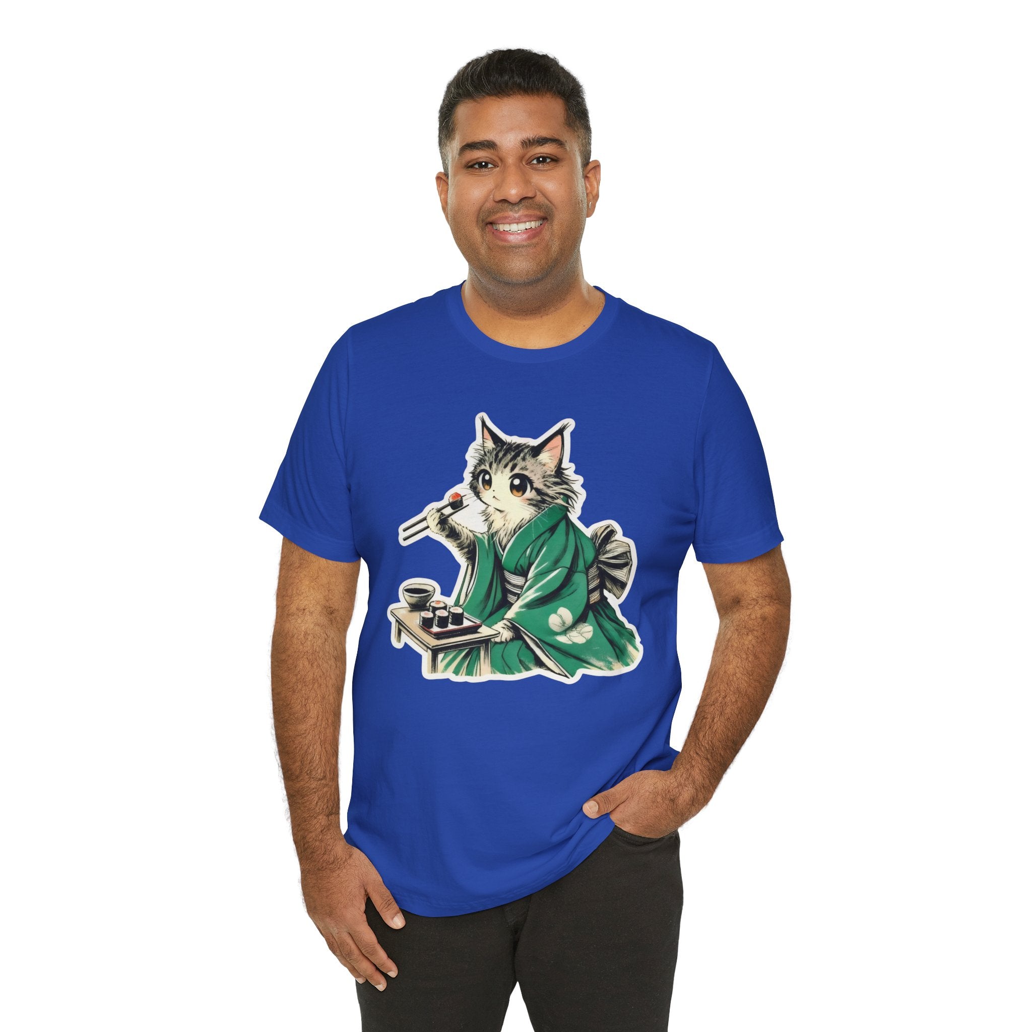 Kat Wearing Kimono T-Shirt - Cute Japanese Cat Illustration Enjoying Sushi - Kimono Cats Collection