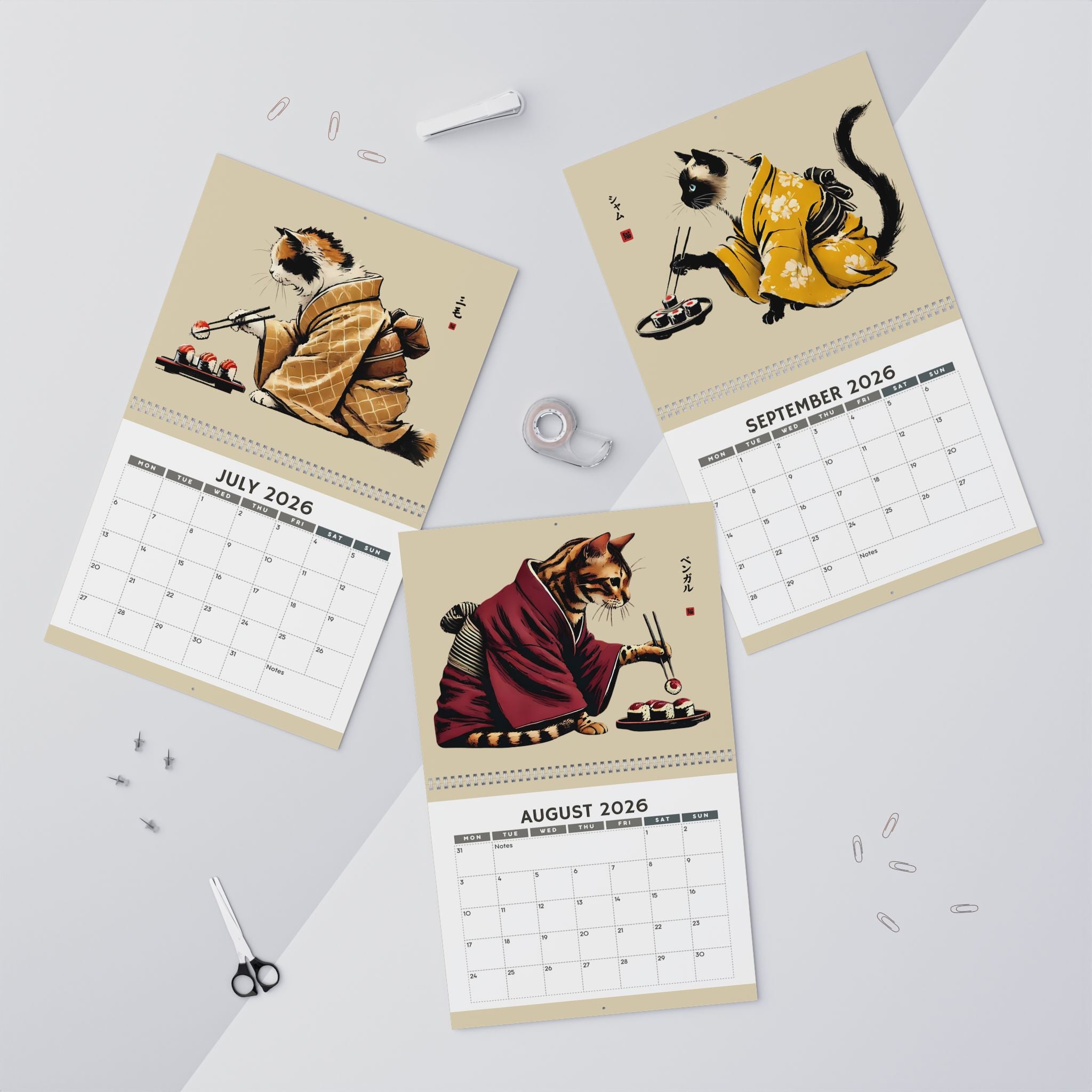 2026 Cats in Kimonos Eating Sushi Calendar - Japan Cat Sumi-e Art