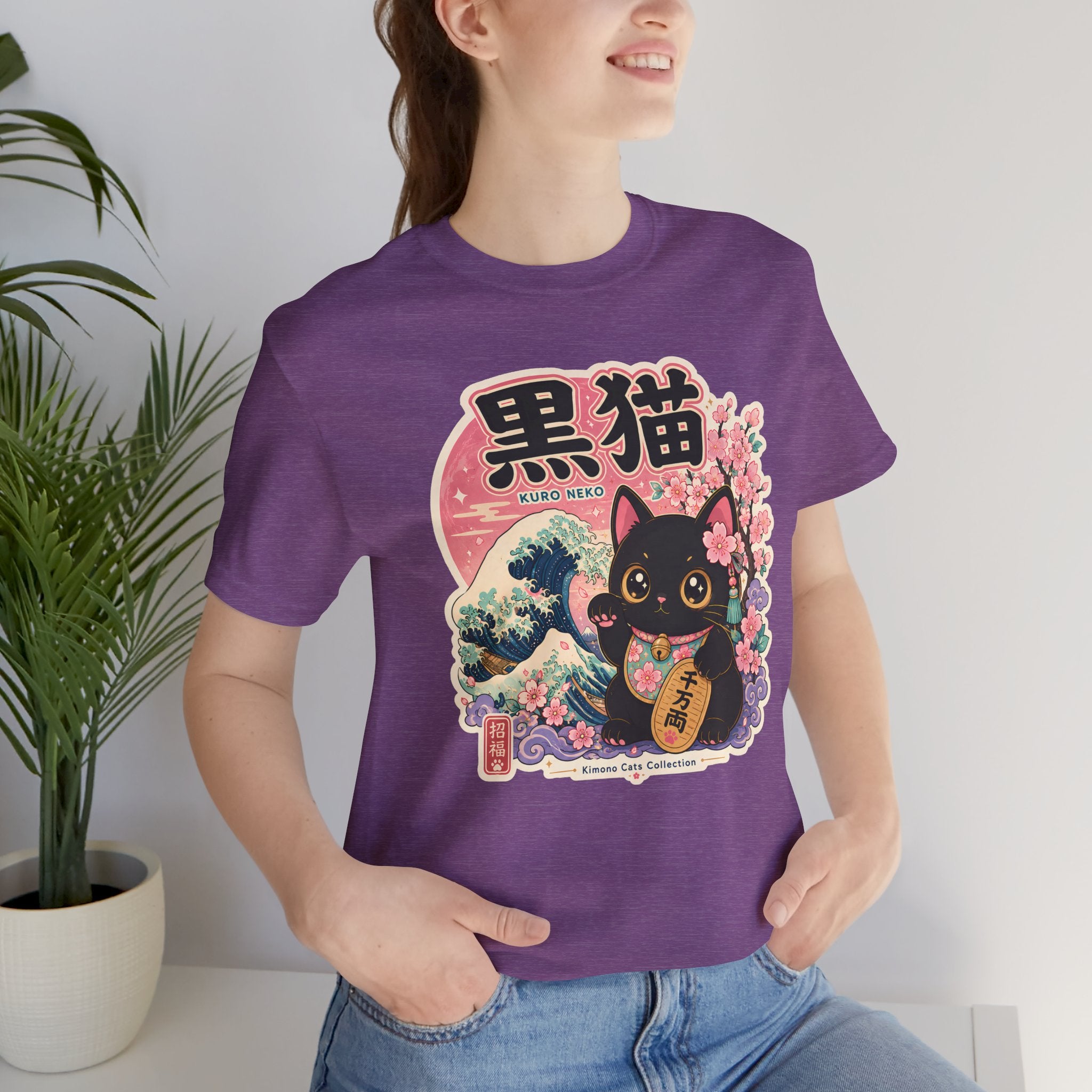 Maneki Neko Black Cat Tee | Japanese Lucky Cat, Sakura Waves Graphic Shirt