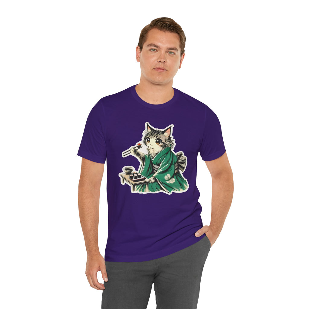Kat Wearing Kimono Eating Sushi T-Shirt | Cute Japanese Cat Illustration