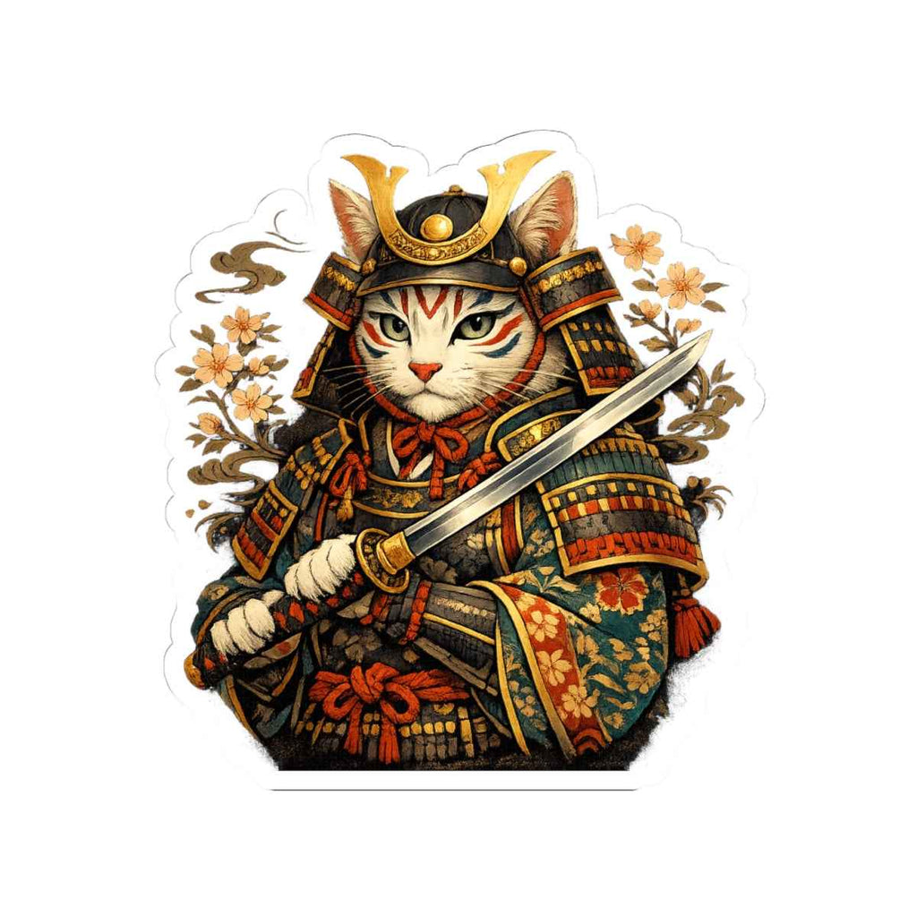 Samurai Cat Kiss-Cut Stickers | Armor, Katana, Floral