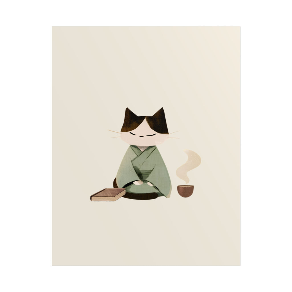 Zen Cat Tea Poster — Minimalist Rolled Art Print