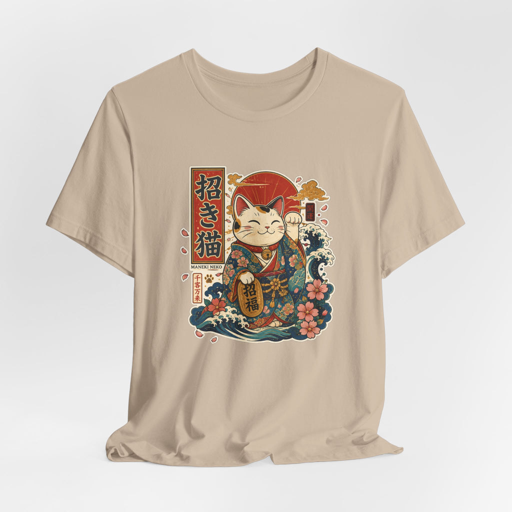 Maneki Neko Lucky Cat T-Shirt — Japanese Wave & Floral Good Fortune Tee