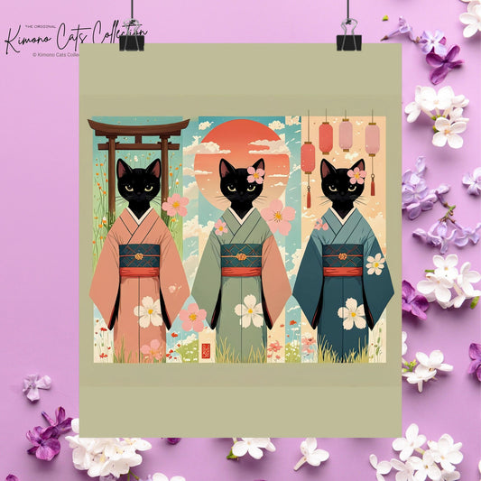 Drei schwarze Katzen in Kimonos – Japanische Wandkunst im Rollbild-Stil 🐾🎎