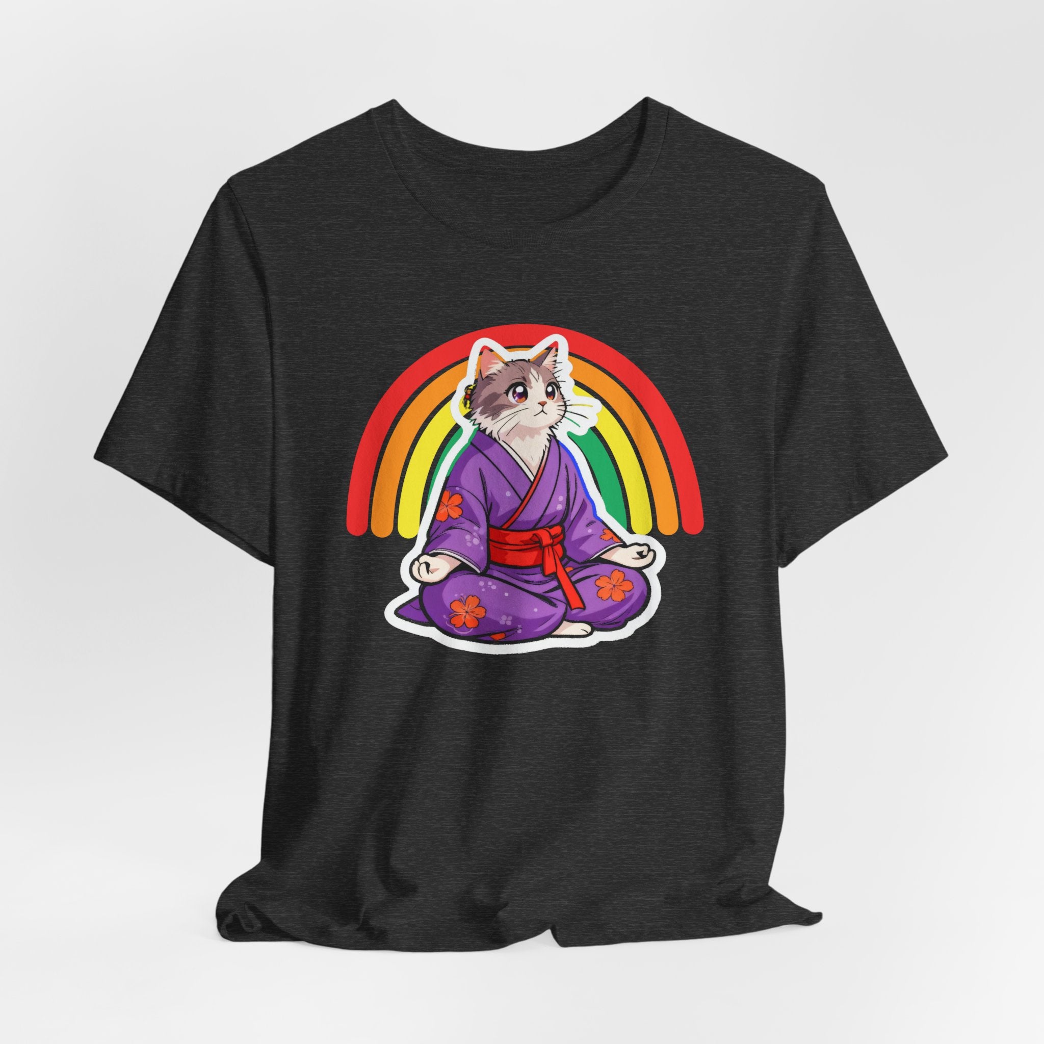 Rainbow Zen Cat Tee | Japanese Meditation Neko Kimono Shirt - Kimono Cats Collection